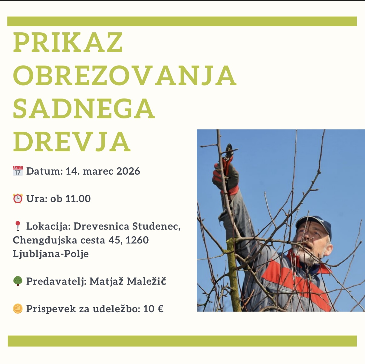 Prikaz obrezovanja sadnega drevja - 14. marec 2026